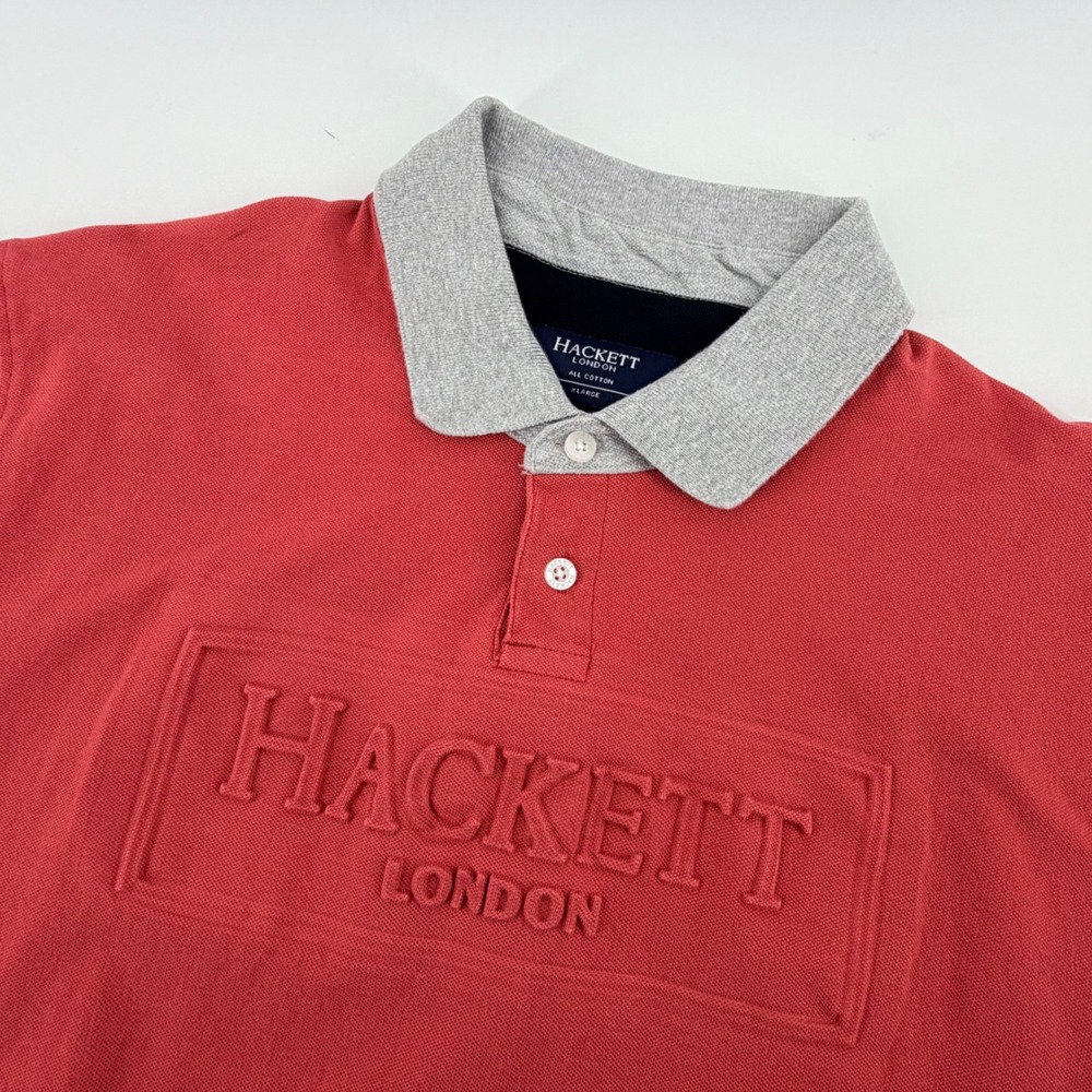 Hackett London‎ Mens XL Red Embossed Logo Cotton Pique Polo Shirt Gray Collar